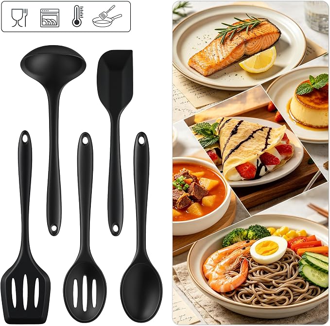 5PCS Silicone Kitchen Utensils Set, Non Stick Cooking Tools, Black | Silicone Spatula/Turner/Spoons/Soup Ladle | Heat Resistant | Dishawasher Safe