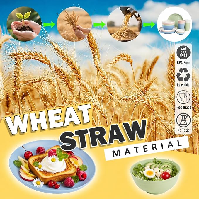 Wheat Straw Dinnerware Sets for 4, 16 Piece Unbreakable Kids Dinnerware Set, Toddler Plates and Bowls Sets, Kitchen Plates and Bowls Set, Lightweight Dish Set for Travel Camper Dishes - Colorful