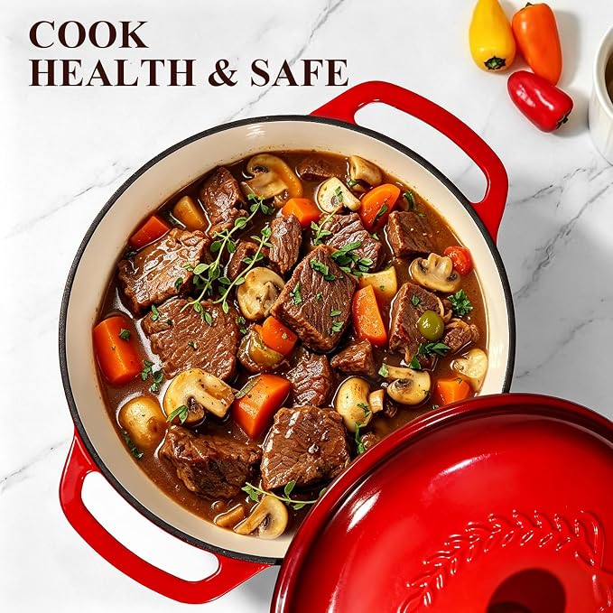 Enameled Cast Iron Dutch Oven - Wildone 6QT Pot with Lid & Cotton Potholders - Oven Safe Enamel Cookware for Bread Baking, Braising, Stews, Roasting, Red