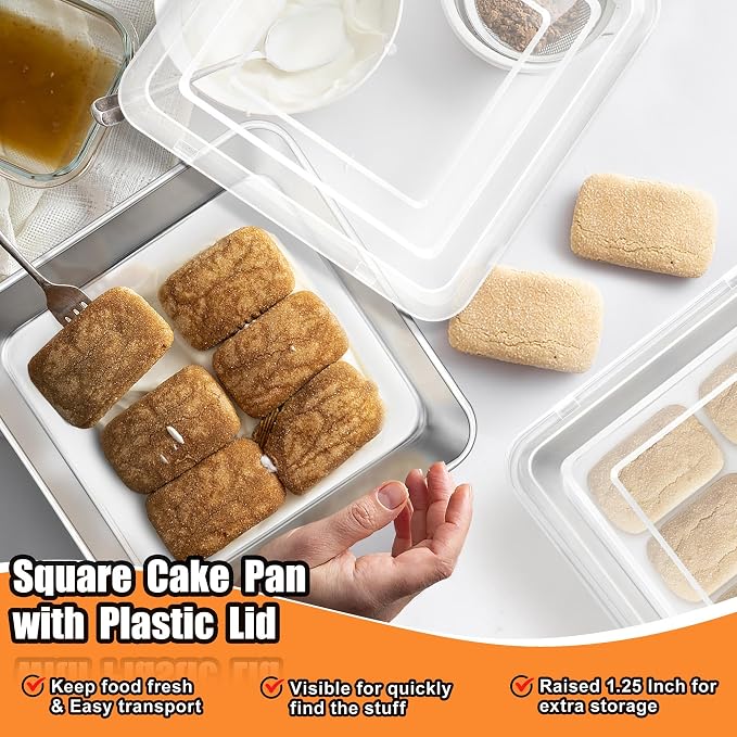 TeamFar 9 x 9 Baking Pan, Square Cake Pan with Lid - 2 Pans + 2 Lids | Stainless Steel for Baking Cooking Brownie Lasagna, Portable for Home Outdoor Camping, Non-Toxic & Dishwasher Safe