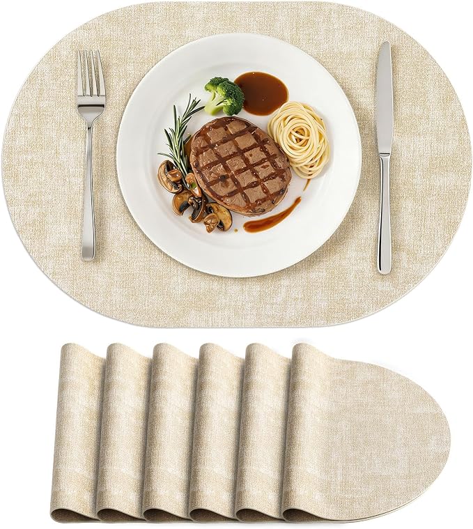 Placemats Set of 6, 11.8 x 17 Inch, Beige | Heat Resistant Oval Faux Leather Place Mats, Waterproof Wipeable Reversible PU Placemat, Indoor & Outdoor