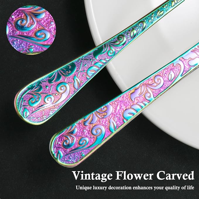 Meythway 60-Piece Vintage Carved Rainbow Silverware Set for 12, Stainless Steel Flatware Set with Knife/Fork/Spoon, Cutlery Set for Home and Kitchen, Utensil Set with Dishwasher Safe