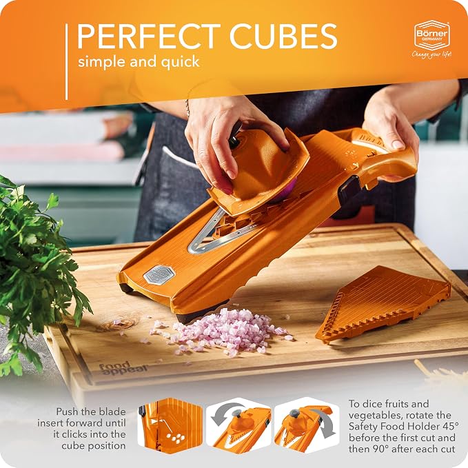 Börner Mandoline Slicer V5 (Professional Set) • Adjustable Vegetable Slicer (7-piece) • 10 Cutting Styles • Kitchen Slicer incl. Docking Station • Stainless Steel V-Blade • Color: Orange