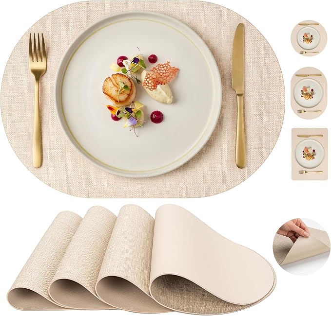 Faux Leather Placemats Set of 4, Wipeable Waterproof Stain Resistant Table Mats, Heat Resistant Thick Placemats with Hand-Painted Edges for Kitchen Dining, Imitative Linen Texture, Various Shapes