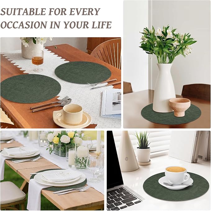 13" Round Placemats Set of 8, Reversible Faux Leather Wipeable Table Mats | 2mm Vinyl Heat Resistant, Waterproof Oilproof Scratch Proof Non-Slip, Washable for Kitchen Dining Indoor Outdoor (Dark Green)