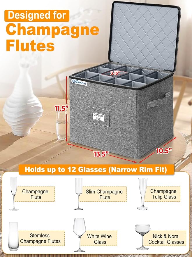 punemi Champagne Flute Storage Container, 2-Pack Hard Shell Wine Glass Box | Hard shell top, bottom and sides with dividers, stackable design for champagne flutes, white wine glasses and stemware