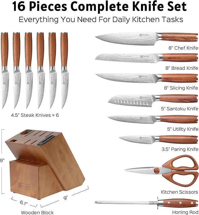 PAUDIN 16-Piece Kitchen Knife Set with Block, Built-in Sharpener, Ultra Sharp 5Cr15Mov Stainless Steel Chef Knives, Natural Wood Handles, Steak Knives, Scissors & Honing Rod, Complete Cutlery Set