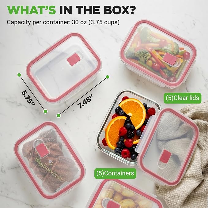 Nutrichef 10-Piece Glass Food Containers - Stackable Superior Glass Meal-prep Storage Containers, Newly Innovated Leakproof Locking Lids w/Air Hole, Freezer-to-Oven-Safe (Red)