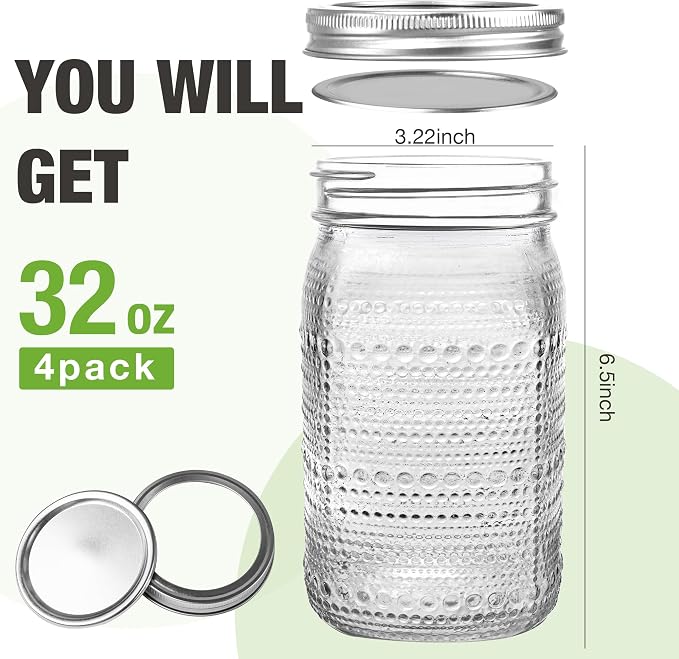 WACOI Mason Jars 32 Oz with Lids Wide Mouth 4 Pack, Glass Jars Canning Jars Large for Centerpieces Pickling Storage Food Meal Prep Salad Jam