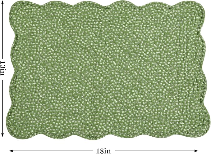 HOMBYS Quilted Placemats Set of 6 Washable-13x18 inches Rectangular Placemats for Kitchen Table-100% Cotton Fabric Rectangular Table Mats, (Green & Withe)