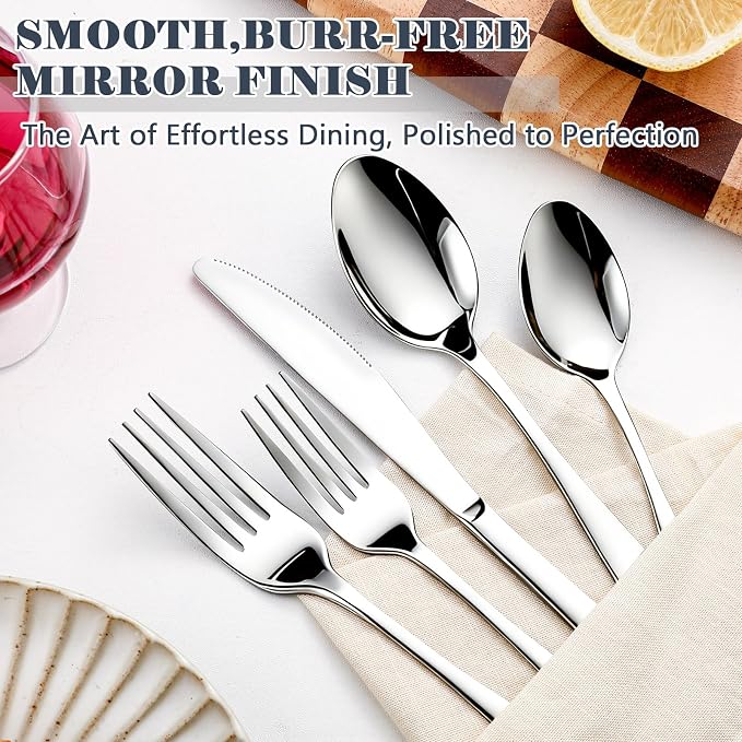 BEWOS 49 PCS Silverware Set - Stainless Steel Silverware Set with Organizer for 8, Flatware Set Included Steak Knives and Drawer Organizer, Mirror Polished, Dishwasher Safe