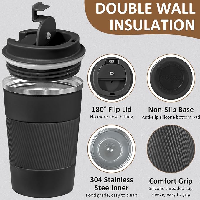 4 Pack Insulated Coffee Mug with Lid 12oz Travel Coffee Tumbler Stainless Steel Reusable Coffee Cups Thermal Coffee Mug for Hot and Iced Cold Drinks, Black