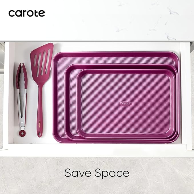 CAROTE 3-Piece Baking Sheet, Nonstick Cookie Sheets, Royal Violet | 13, 15 & 17-Inch, Carbon Steel Baking Pans Set, Easy-Release, Oven Safe Up to 446°F, Even Heating, PFAS-Free, Space-Saving