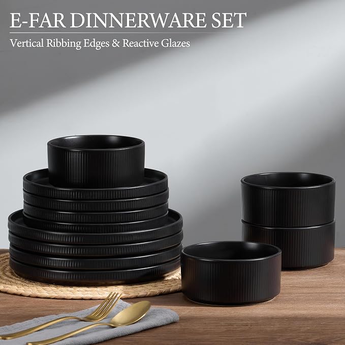 E-far 12-Piece Plates and Bowls Sets, Stoneware Dinnerware Dishes Sets for 4, Kitchen Modern Dining Dishware, Chip & Scratch Resistant, Microwave & Dishwasher Safe, Matte Black