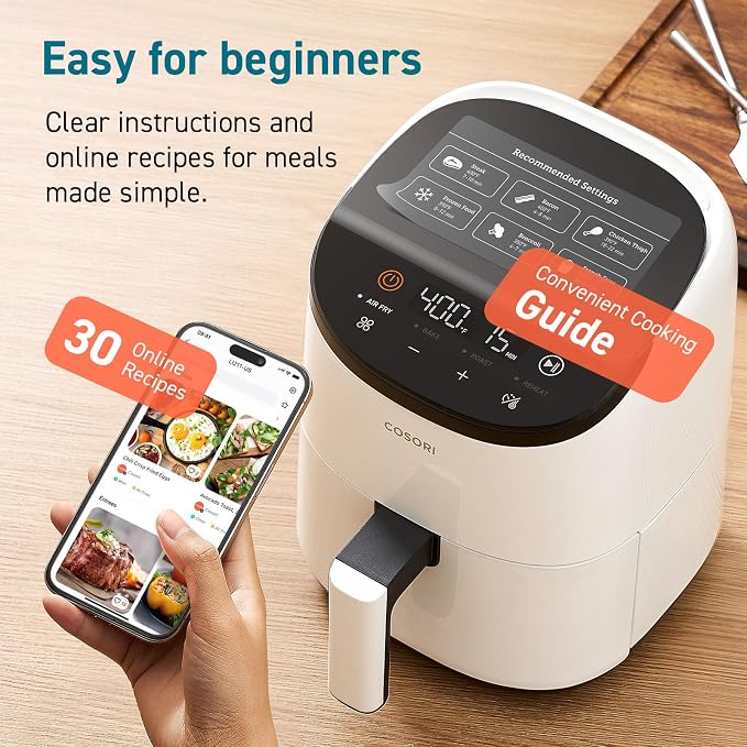 Cosori Lite 2.1 Qt Small Air Fryer, Ceramic Coating, 4-in-1, 97% less oil | Ideal for dorms, apartment, RVs, Quiet, Touch control, Air Fry, Bake, Roast, Reheat, Dishwasher-Safe Basket, Max 400℉