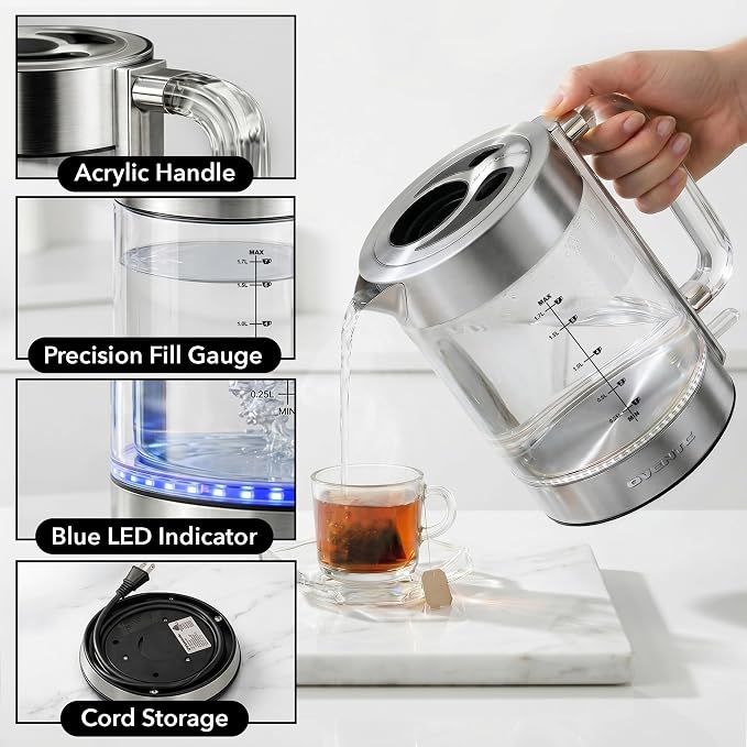 OVENTE 1.7L Double Wall Glass Electric Kettle Water Boiler, Silver KG912S | 1500W Fast Boiling, Easy Fill Lid, Borosilicate Glass, Cool-Touch Design, Blue LED, Auto Shut-Off, Boil-Dry Protection