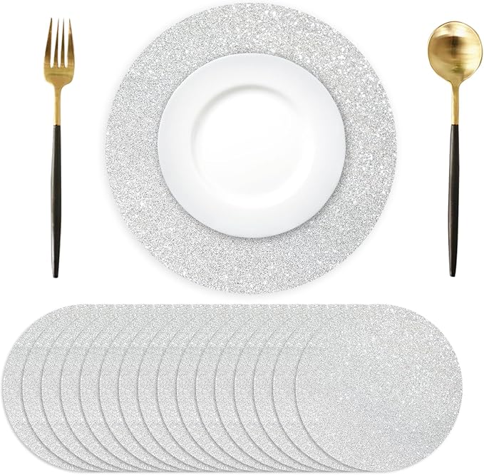 50PCS Silver Glitter Paper Placemats Disposable 13.4 Inch Shiny Round Paper Place Mats Decorative Silver Table Mats for Birthday Wedding Valentine's Day Party Sparkle Dining Tableware