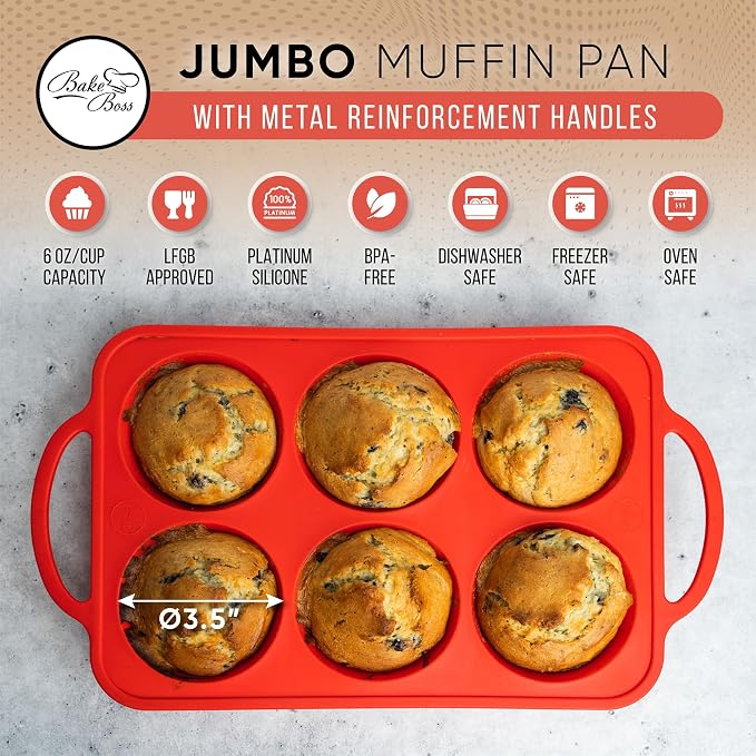 Silicone Jumbo Muffin Pan, 6 Cup Nonstick Cupcake Pan, BPA-Free | Metal Reinforced Silicone Jumbo Muffin Pans for Baking, Nonstick Silicone Cupcake Pan, Easy Release, Dishwasher Safe