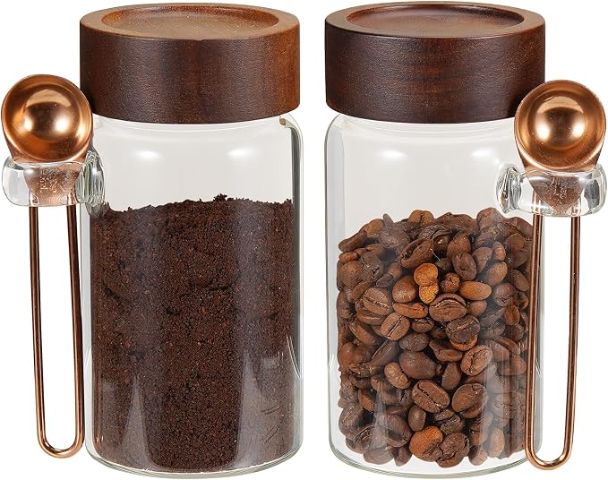 8oz Small Glass Spice Jar with Spoon Airtight Screw Wood Lid Clear Sugar Herb Container Food Storage Canisters Bottle for Seasoning Coffee Ground Bean Kitchen Tea Overnight Oats Bar(2×250ml(8.4oz))
