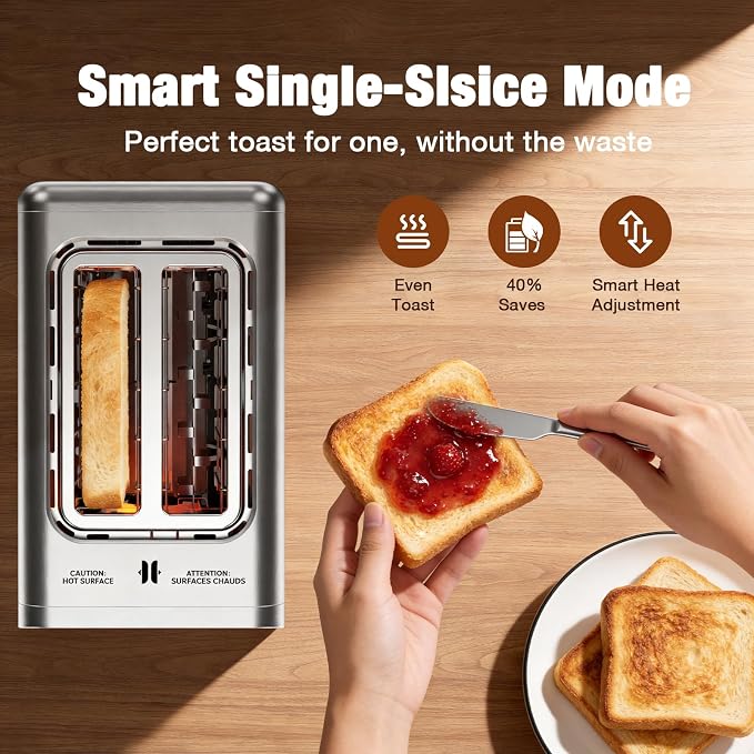 2 Slice Toaster with Touch Screen, 1.5" Wide Slot for Bagels, Smart Digital | Toasters with Single Slot Toasting, Memory Function, 5 Bread Types & 6 Shade Settings, Defrost, Reheat, Removable Crumb Tray