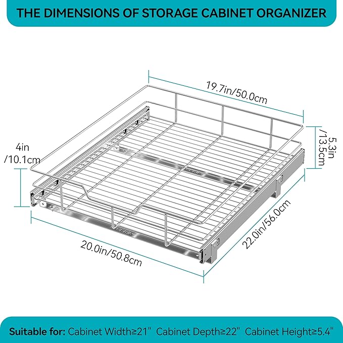 Pull Out Cabinet Organizer 21" W X 22" D, Chromed, Full Slide Out Drawers | For Kitchen Organizers and Storage, Pull Out Drawers For Cabinets Capacity Heavy Duty Caddy, Cabinet Shelves, Bathroom Pantry