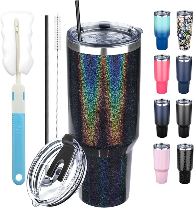 40 oz Tumbler with Lids and Straws, Stainless Steel Insulated Coffee Tumbler, Double Wall Vacuum Insulated Travel Mug Cup, Leakproof Thermal Coffee Cup for Hot and Cold Drinks (Glitter Black)