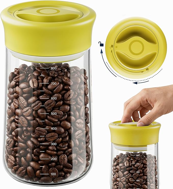 Airtight Glass Storage Jar 27 oz, Easy Open 1/4-Turn Lid Coffee Container | Easy-Open Quarter-Turn Lid, Airtight, Food Grade, Transparency, with Scale