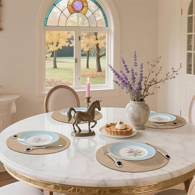 Cotton Linen 15 Inch Round Cloth Place mats, Set of 4, Linen | Washable Table Mats, Heat Resistant, Reversible, Wipeable Place Mats for Indoor Outdoor