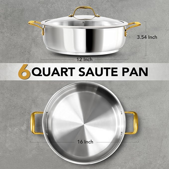MICHELANGELO Stainless Steel Pan - 6 Quart Braiser Pan, 12 Inch Saute Pan with Glass Lid, Non-Coated Deep Frying Pan Induction Compatible & Dishwasher Safe