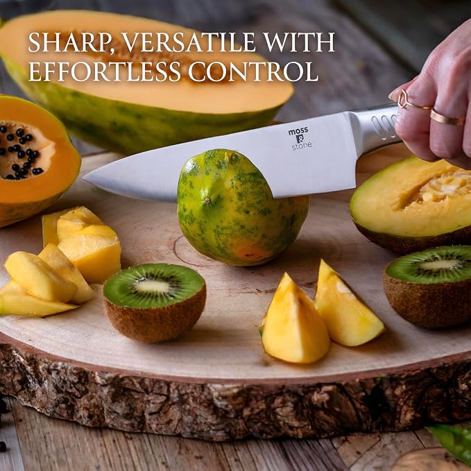 Moss & Stone Small 6 Pcs Kitchen Knife Set with Block, Stainless Steel | Professional chef knife set with sharp cooking knives, premium scratch-resistant and rust-proof design, ergonomic handle