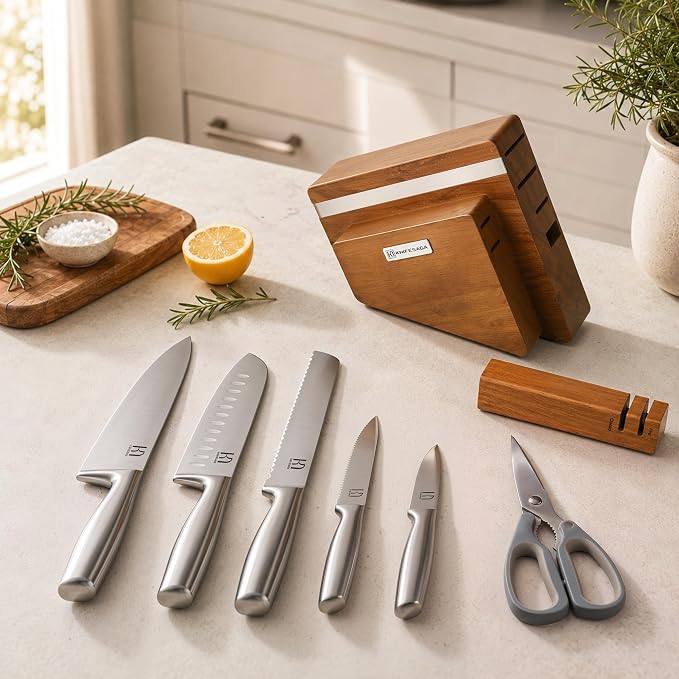 KnifeSaga Kitchen Knife Set with Block and Detachable Sharpener | 8-Piece High Carbon Stainless Steel Knife Block Set, Fully Forged Blades & Compact Design