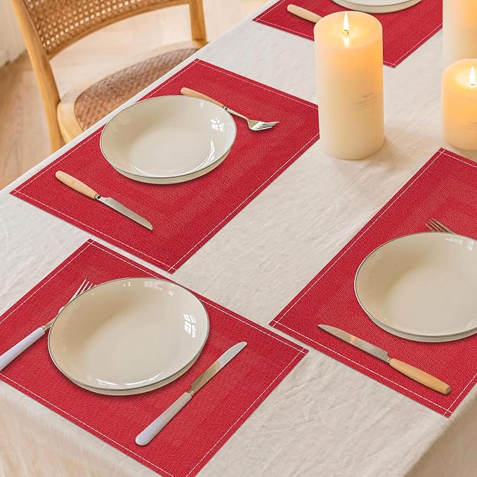 Christmas Placemats Set of 6, 12x18 Inch Rectangular Placemats for Kitchen Table, Red Placemats for Holiday Party Kitchen Dining Room Decoration