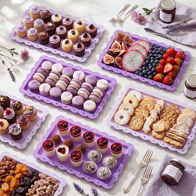 6 Pcs Purple Serving Trays Plastic Platters Dessert Cupcake Holder Party Supplies 14.4 x 9.3 Inches Rectangular Cookie Snack Display Tray for Wedding Restaurant