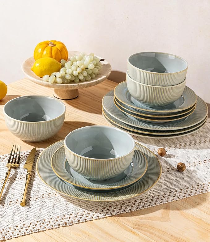 Ceramic Dinnerware Set for 4, 12-Piece Plates and Bowls Set | Lightweight Porcelain Dish Set, Scratch Resistant, Oven & Microwave & Dishwasher Safe, Desert Sage