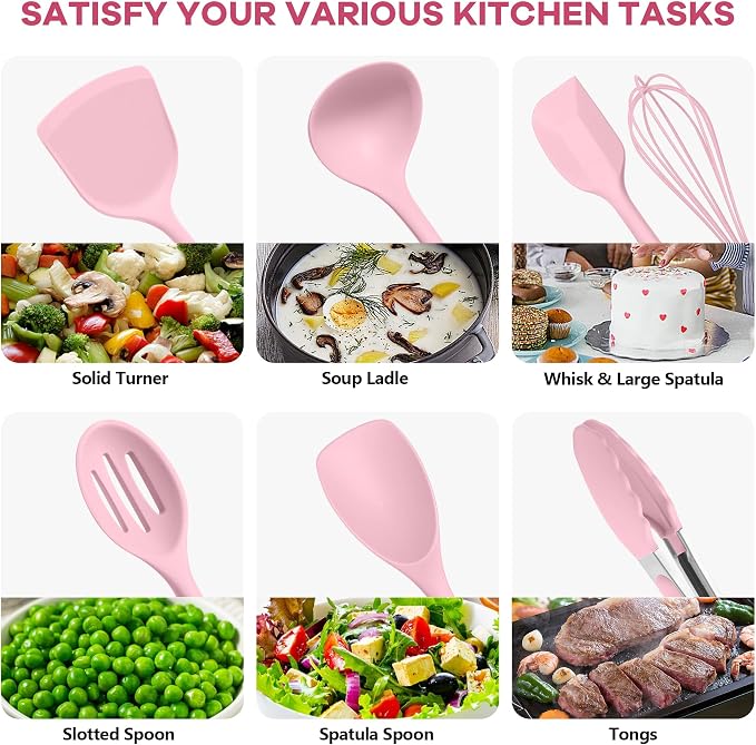 TeamFar Silicone Cooking Utensils, 10 pcs Kitchen Cooking Utensils Set | Heat Resistant Kitchen Gadgets Tools Set w/Spatula, Turners, Spoons, Soup Ladle, Pasta Server for Nonstick Cookware, Pink