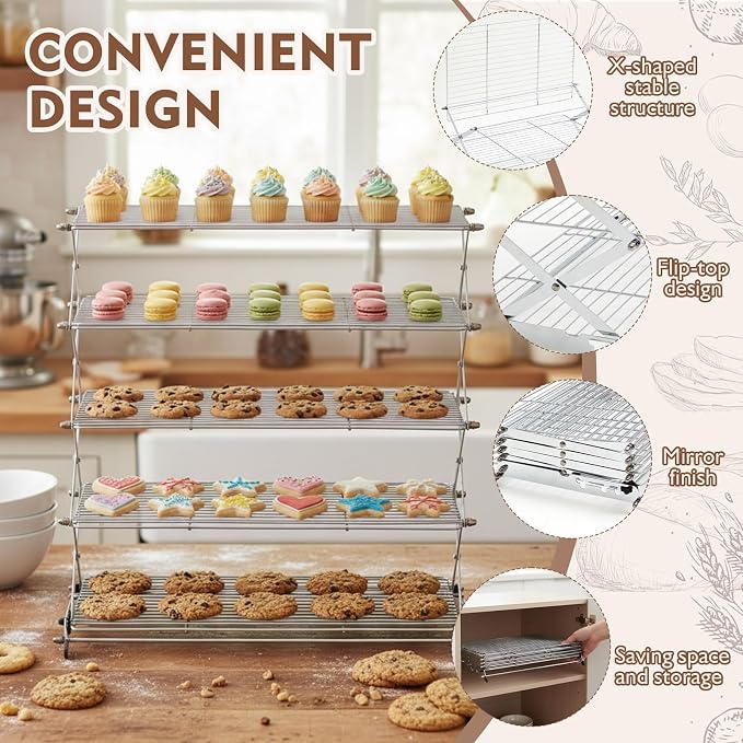 Novabright 5 Tier Collapsible Cooling Rack for Baking, 16'' x 10'' Stainless Steel Stackable Baking Rack for Cookies Bread, Oven Safe Roasting, Space Saving Kitchen Essentials Gifts for Women, Silver