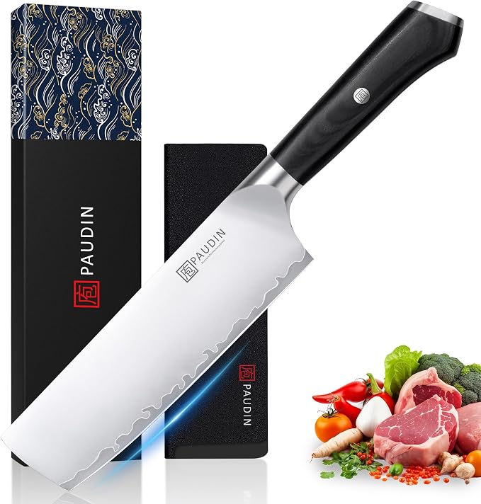PAUDIN Nakiri Knife 7 Inch,Multi-Layer High Carbon Steel Kitchen Knife 62 HRC, Ultra Sharp Vegetable Chopping Cleaver and Meat Slicing Asian Chef Knife for Home Cooks, Gift Box for Women and Men