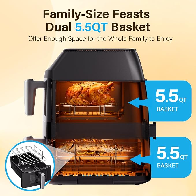11QT Large Double Air Fryer, family size Dual Basket | Deep Top & Long Bottom for Whole Chicken & Ribs, 430°F High-Heat Broil, 360° Rapid Circulation, 6 in 1 Preset Function