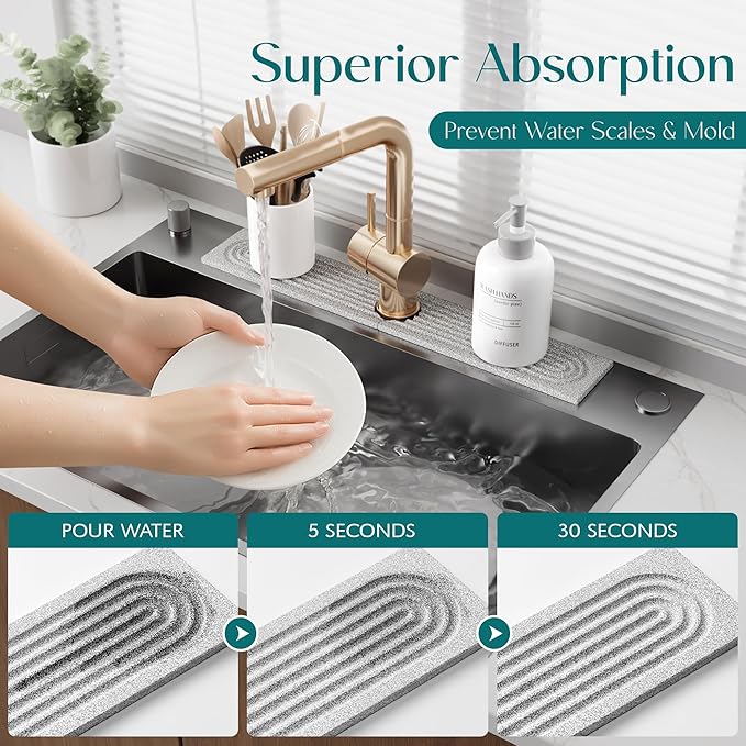 Stone Kitchen Sink Faucet Mat, Premium Upgraded Food Grade Diatomite Drying Stone Tray & Splash Guard, Fast Drying Sink Protector for Kitchen Counter, Dishwasher Safe (23.6" x 3.9")