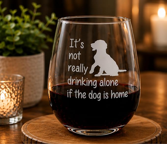 C M Stemless Wine Glass, The Dog Is Home, Funny Dog Lover Gift, Style D1 | 17 oz, Funny, For Him, Her, Dog Moms, Wife, Husband, Friend. Pet Owners, Cute Dog Gift for Men Women