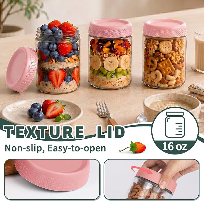 16 oz Overnight Oats Containers with Lids, Wide Mouth Mason Jars with Lids | 6 Pack Yogurt Containers with Lids, Air Tight Overnight Oats Jars for Salad, Reusable Glass Jar for Candy, Snack, Sugar, Jam