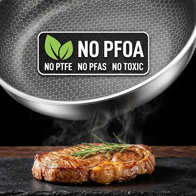 8 Inch Honeycomb Stainless Steel Nonstick Frying Pan Skillet | PFAS PFOA PTFE Free, Metal Utensil Safe, Scratch-Proof, All Cooktops Compatible, Dishwasher & Oven Safe Fajita Cooking Pan