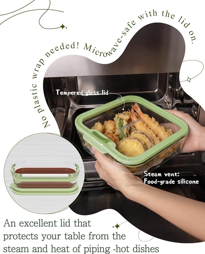1-Pack Glass Food Storage Containers with Tempered Lids, 5.7Cup Borosilicate Glass Meal Prep Containers, Airtight & Oven-Safe (-4°F~950°F), BPA-Free, （Olive green）