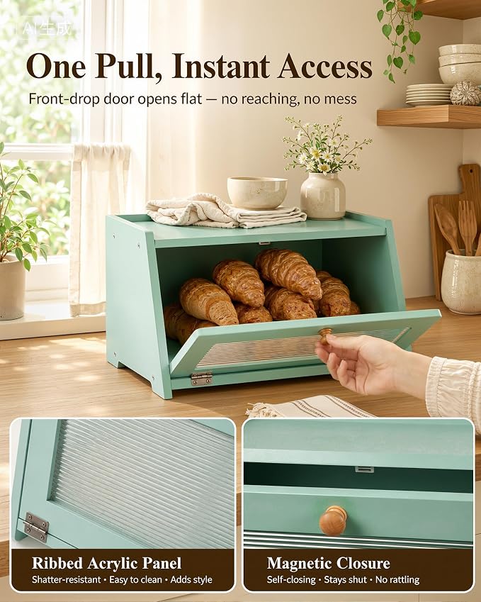 Bread Box for Kitchen Countertop: Large Capacity Farmhouse Bread Bin with Acrylic Window, Storage Container for Homemade Bread, Large Bread Holder for Kitchen Counter, Pantry Shelf