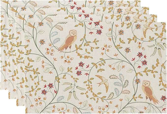 QIYI Boho Table Placemats Set of 4, 12"x18" Linen Place Mats, Forest Birds | Fabric Place Mats for Kitchen Dinning, Farmhouse Rustic Cloth Table Mats, Washable Placemat Party Table Décor