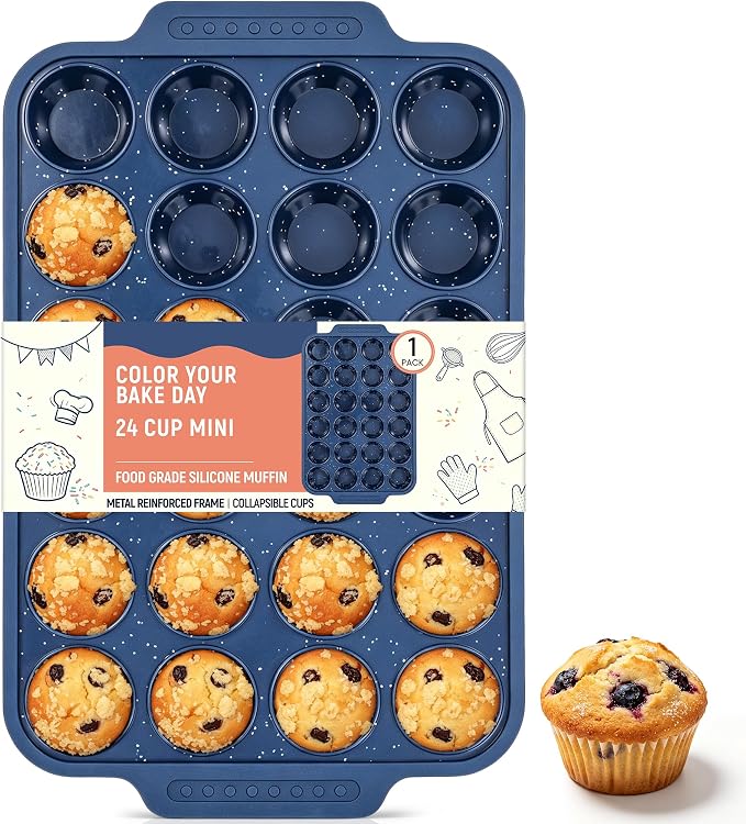 Silicone Muffin Pans for Baking with Metal Reinforced Frame | Nonstick 24-Cup Mini Size Cupcake Tray for Egg Bites, Muffins & Cupcakes, Dishwasher Safe, Titan Blue, 1 Pc