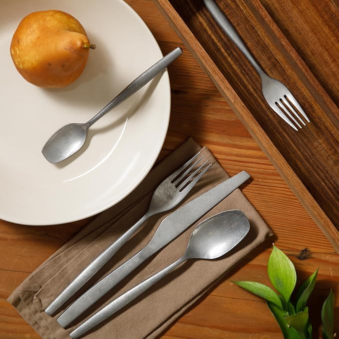 Two Time Oprah's Favorite Things Winner - 20 Piece Stone Washed Flatware 18/10 Stainless Steel Silverware Cutlery Utensil Set With Acacia Wood Caddy - Service for 4