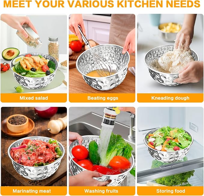 5-Piece Stainless Steel Mixing Bowls Set | 4.9/4.2/3.2/2.1/1.6QT, Hammered Design, Food-grade, for Kitchen Meal Prep, Baking, Movie Night, Party