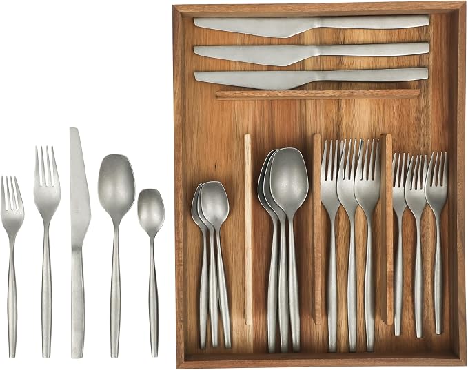 Two Time Oprah's Favorite Things Winner - 20 Piece Stone Washed Flatware 18/10 Stainless Steel Silverware Cutlery Utensil Set With Acacia Wood Caddy - Service for 4