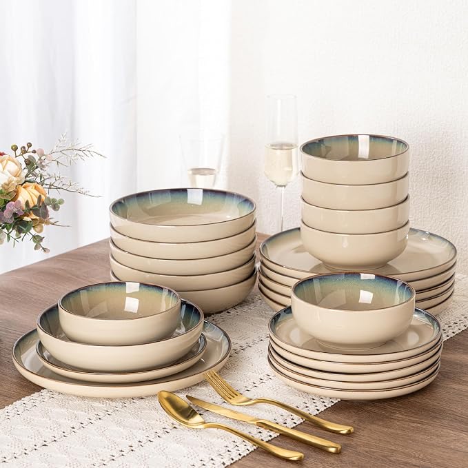 GBHOME Dinnerware Sets for 8, 32 Pieces Ceramic Plates and Bowls Set | Scratch Resistant Stoneware Dishes Set, Dishwasher & Microwave Safe, Reactive Glaze-Pale Khaki